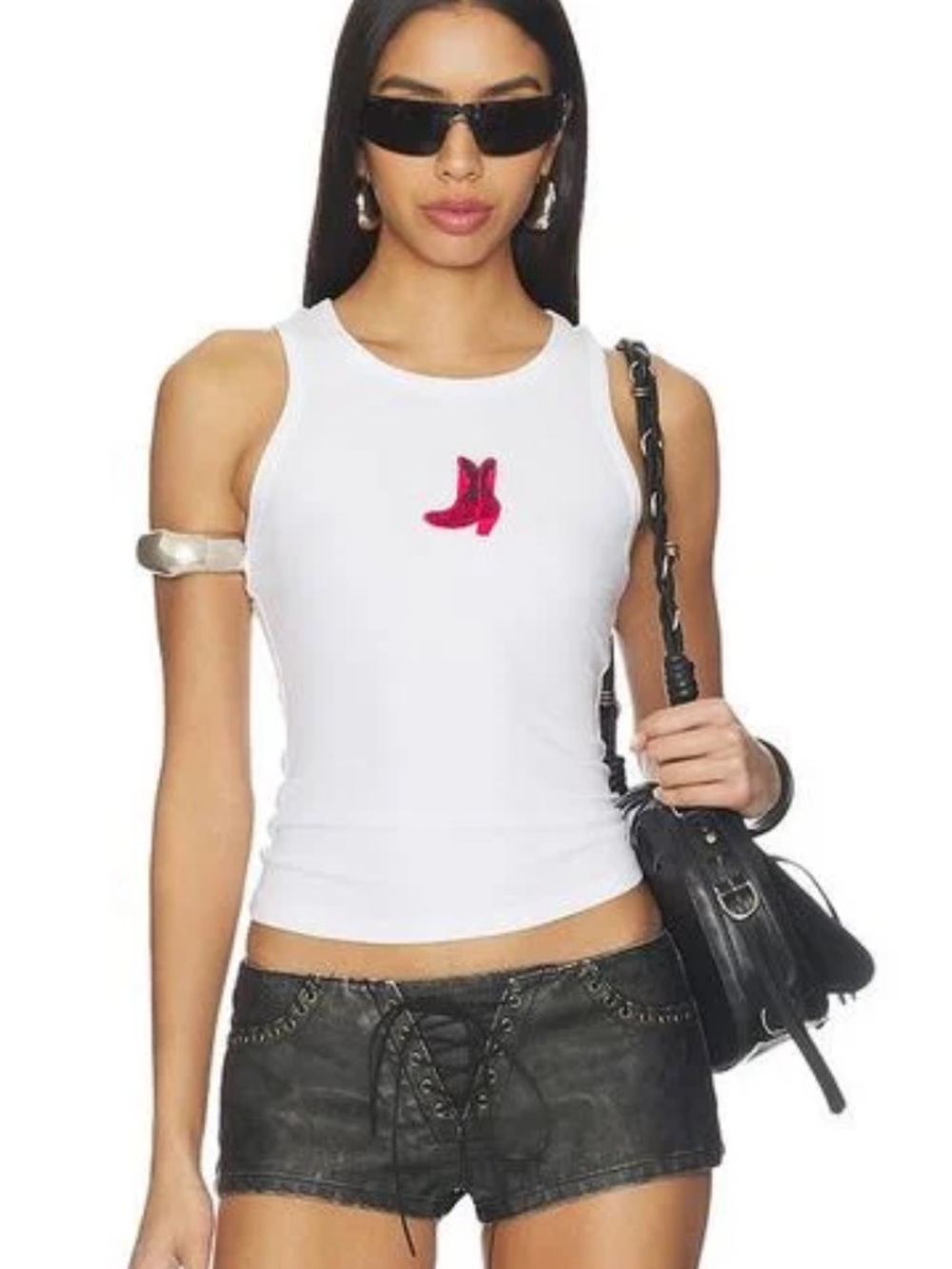 Superdown Laylin tank top tee white ribbed cowboy boots print Revolve NWT L